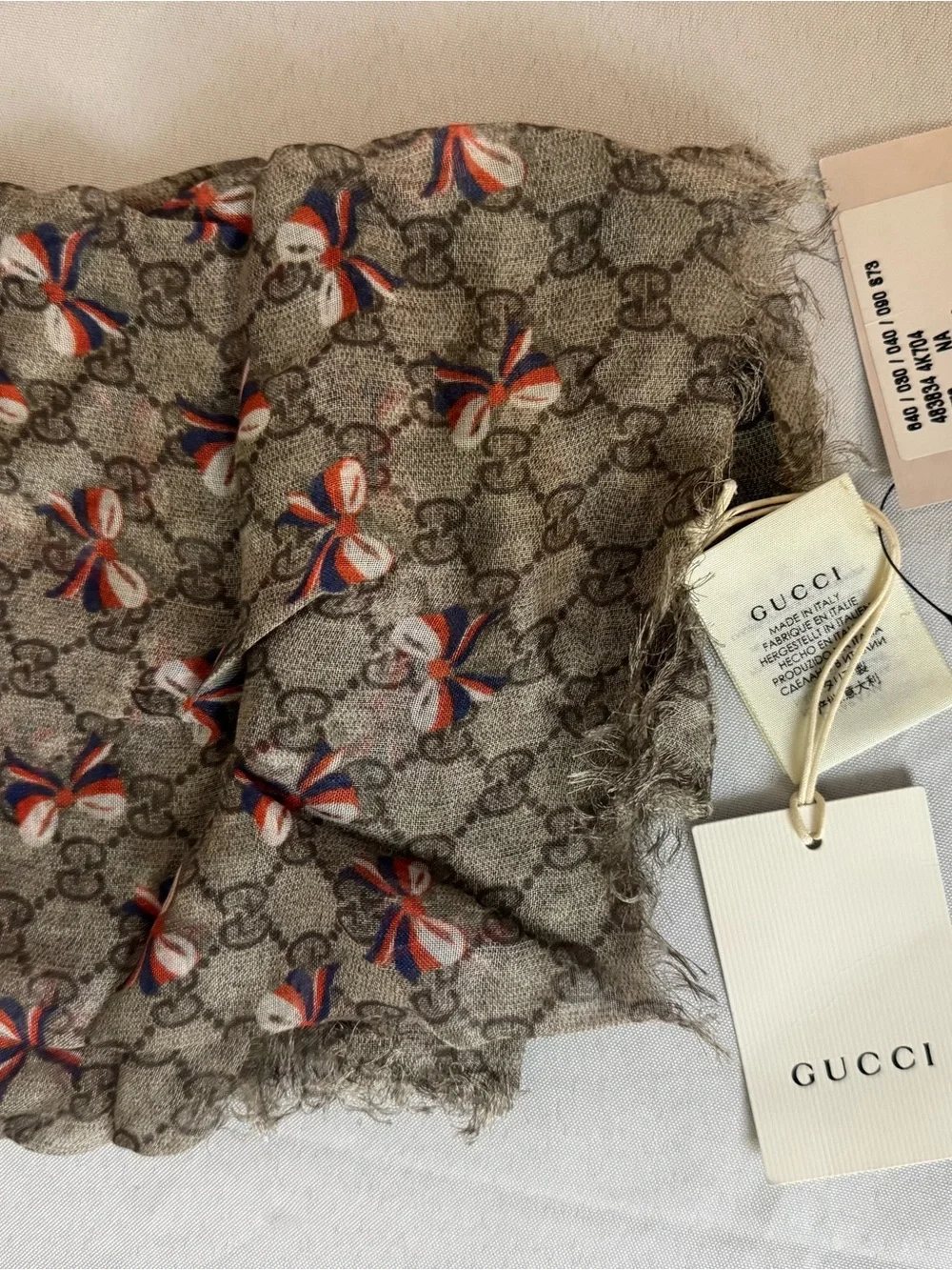 Gucci Beige Brown Monogram Shawl with Red White Blue Bow Accents